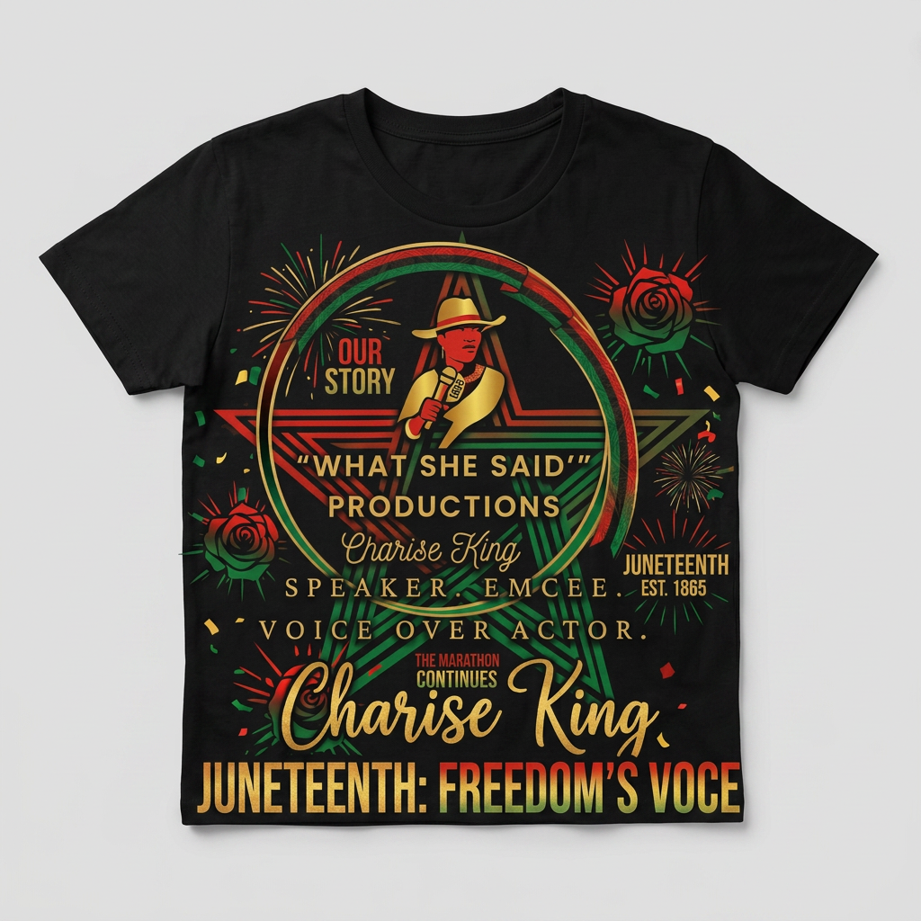 Juneteenth — Freedom's Voice on a black t-shirt