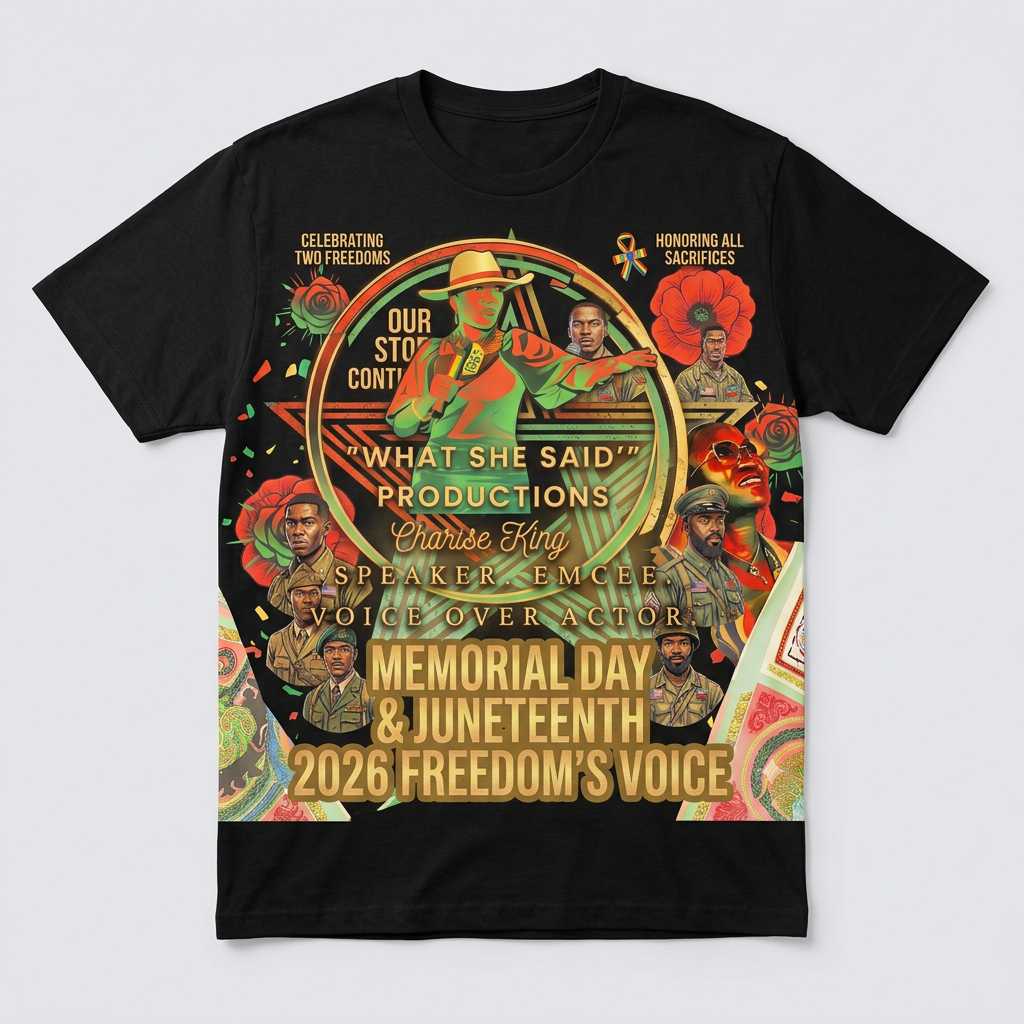 Memorial Juneteenth 2026 — Light on a black t-shirt